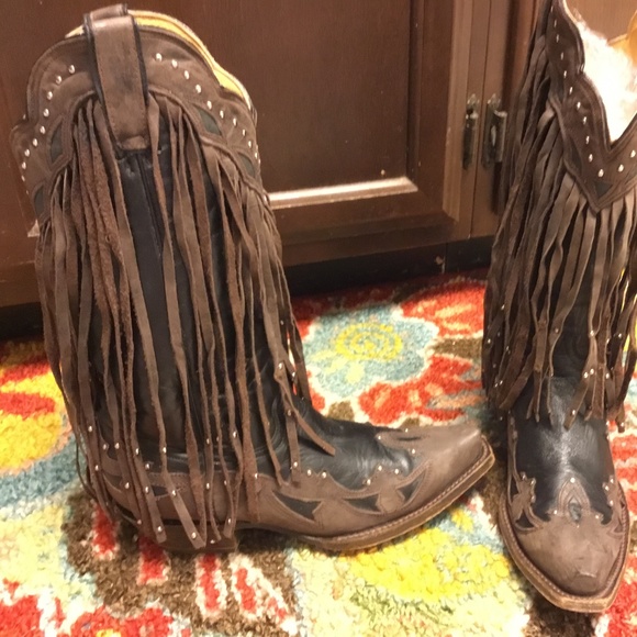 Diamond T Shoes - Cowgirl Leather Boots Diamond T Cowboy Fringe 7.5